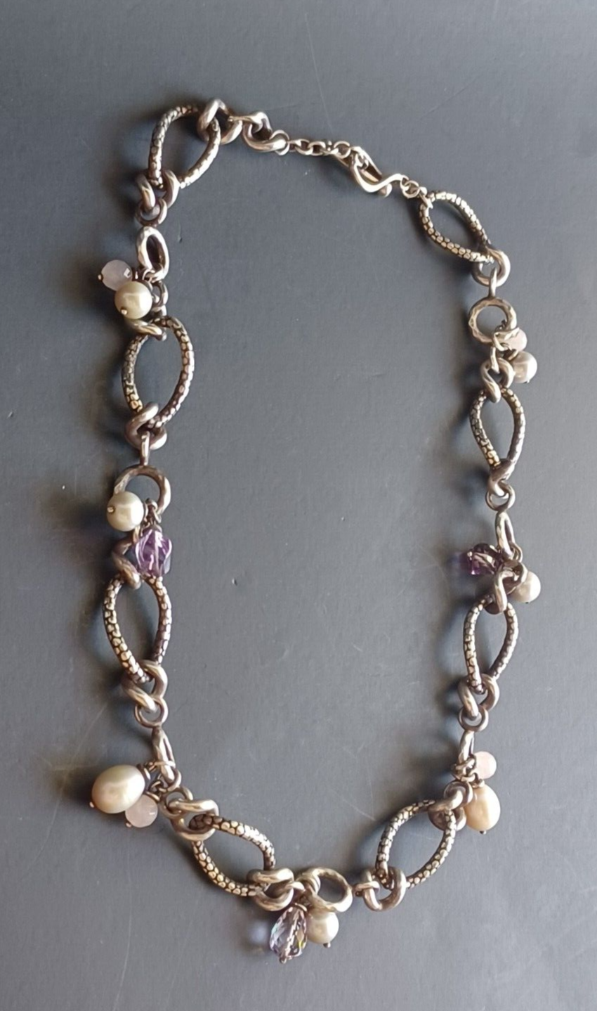 Michael Dawkins Sterling Silver 925 Chain Link Necklace Pearl & Gem Accents 16" image 4