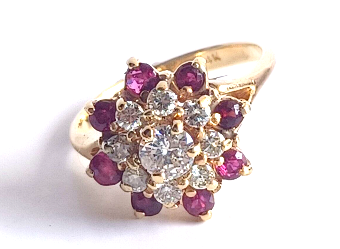 Vintage .75ct Ruby & Diamond 14K Yellow Gold Cluster Ring image 3