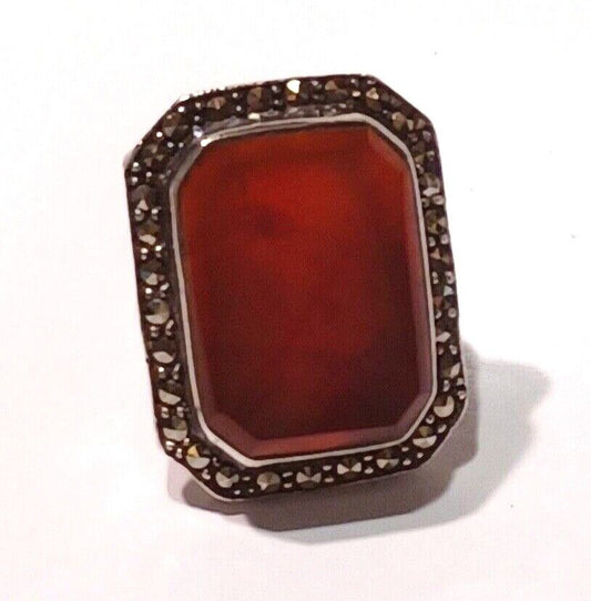 Antique Vintage Carnelian & Marcasite Sterling Silver Ring image 0