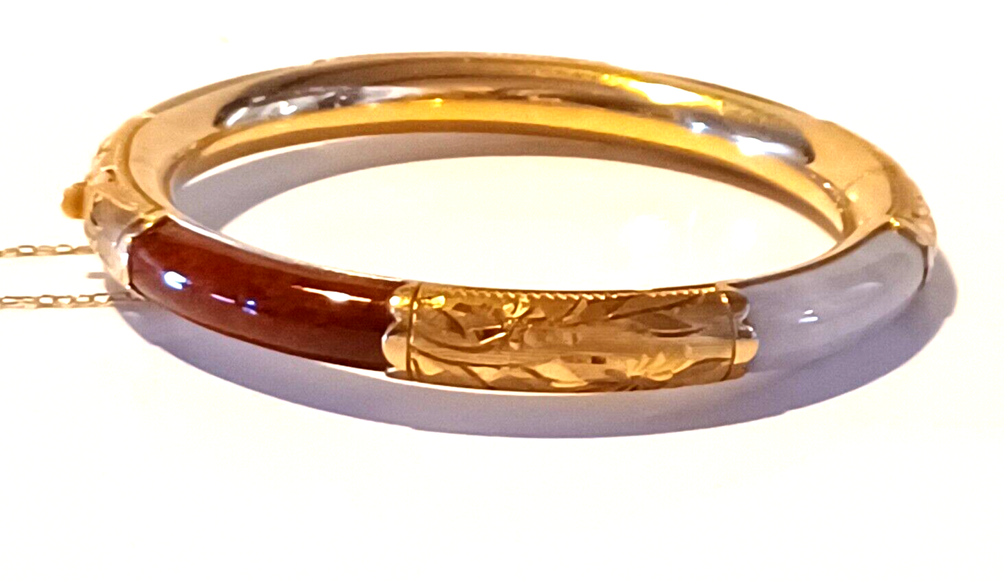 Antique 14K Yellow Gold Red, Green, White & Black Jade Bangle Bracelet image 1