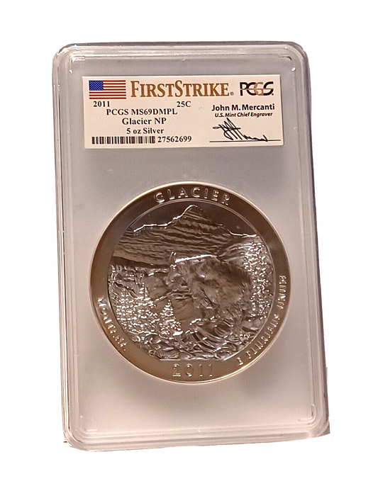 2011 Glacier 5 Oz. SILVER PCGS MS69DMPL FIRST STRIKE  Signed Mercanti image 0