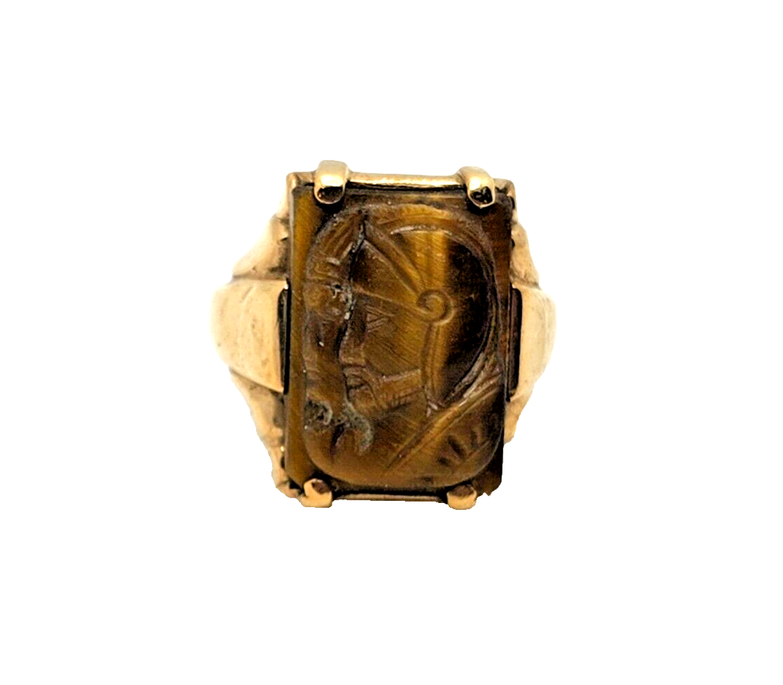 Men's Antique Carved Tigers Eye Intaglio 10K Yellow Gold Ring image 4