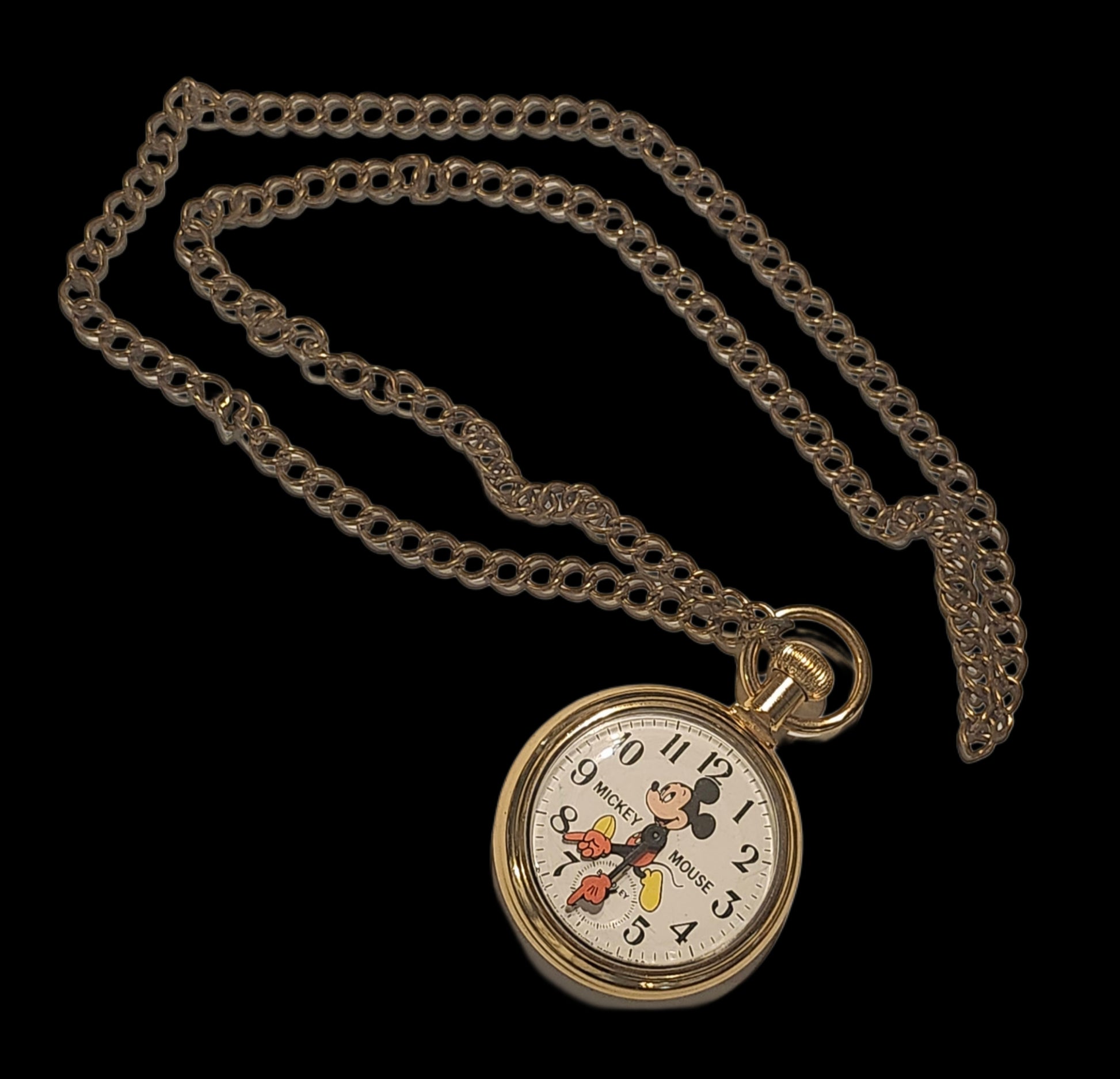 Vintage Disney Mickey Mouse Bradley Gold Tone Pocket Watch w/ Chain image 1