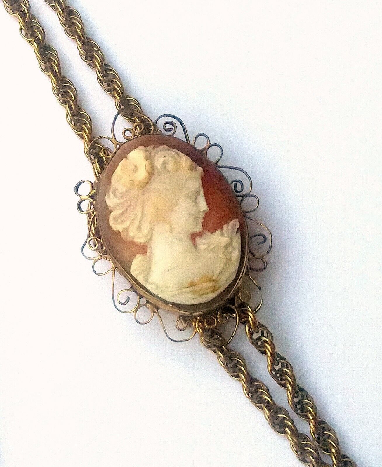 Antique Victorian Shell cameo & Gold Filled Rope Chain Bolo Style Necklace image 3