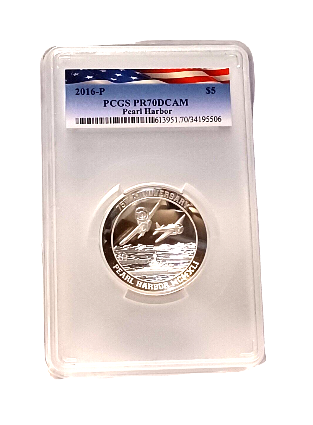 2016 (P) $5 Pearl Harbor Perth 5 oz Silver HR Proof Coin PCGS - PR70DCAM Flag image 0