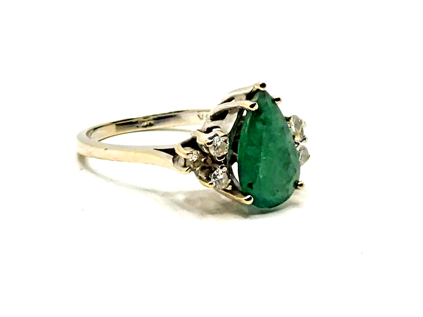 Large Pear Shaped Emerald & Diamond 18k White Gold Ring image 4