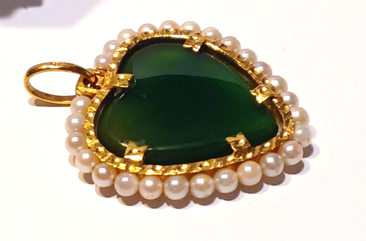 Imperial Jade Jadite Heart 18K Yellow Gold & Pearl Pendant image 6