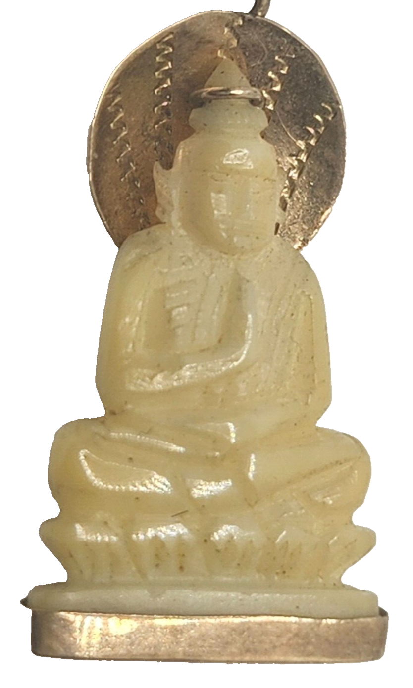Rare Antique Carved White Jade Meditating Buddha 18k Yellow Gold Pendant image 3