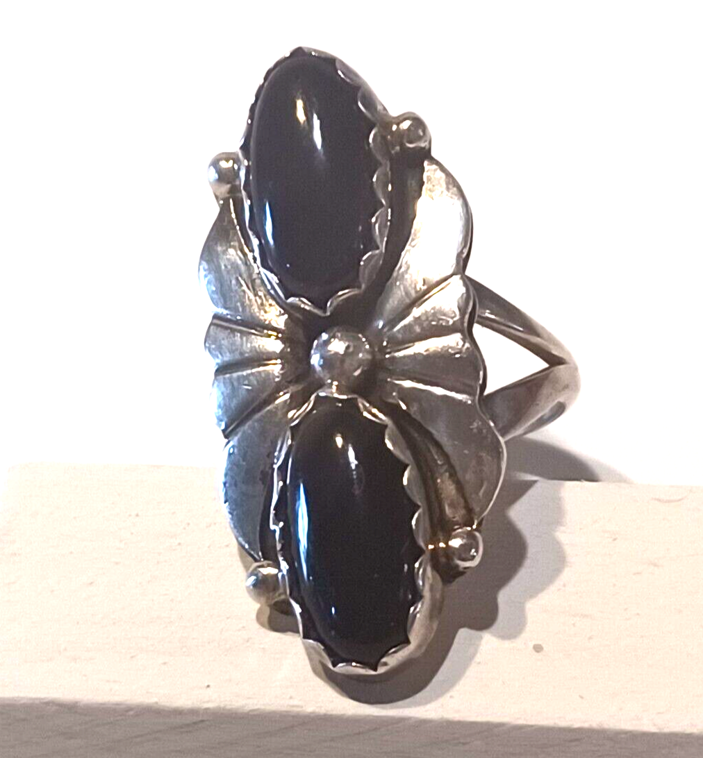Native American Black Onyx & Sterling Silver Ring Signed INO image 2