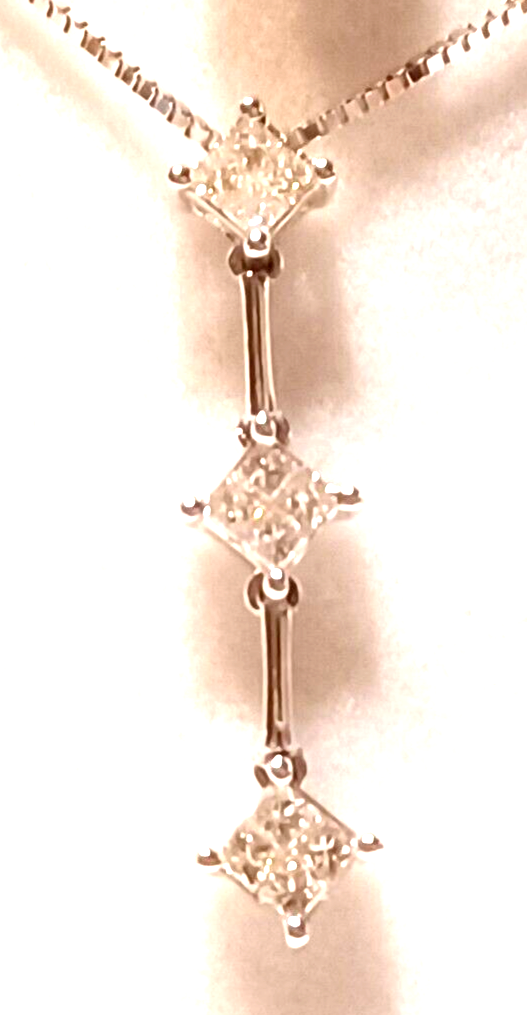 1.2CT Princess 3 Stone Diamond 14K Pendant w/ 14K White Gold Box Chain image 7