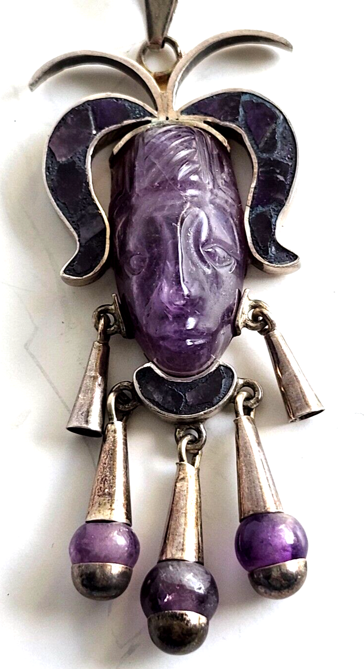 Taxco Mexico Sterling Silver Amethyst Aztec Mayan Tribal Carved Mask Pendant image 2