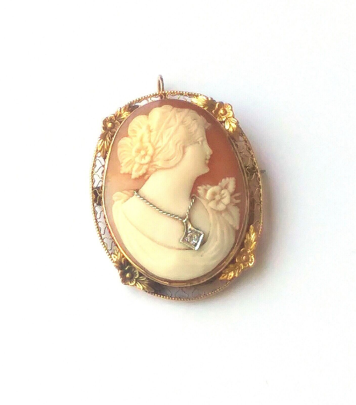 Antique Victorian Shell Cameo Diamond Necklace 10k Yellow Gold Brooch Pendant image 0