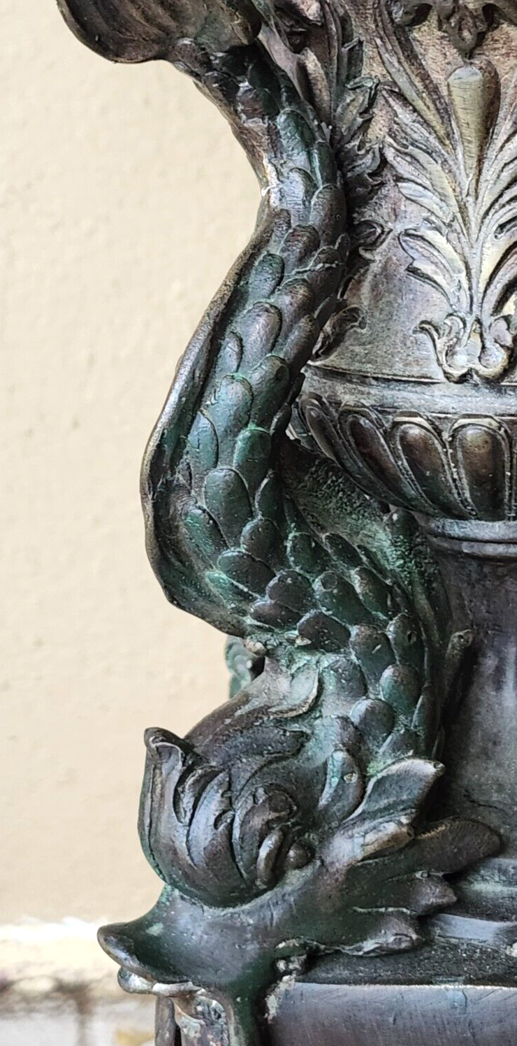 Vintage Tall Bronze & Marble Chinese Dolphin 9 Arm Candelabra Signed V. Chenin image 5