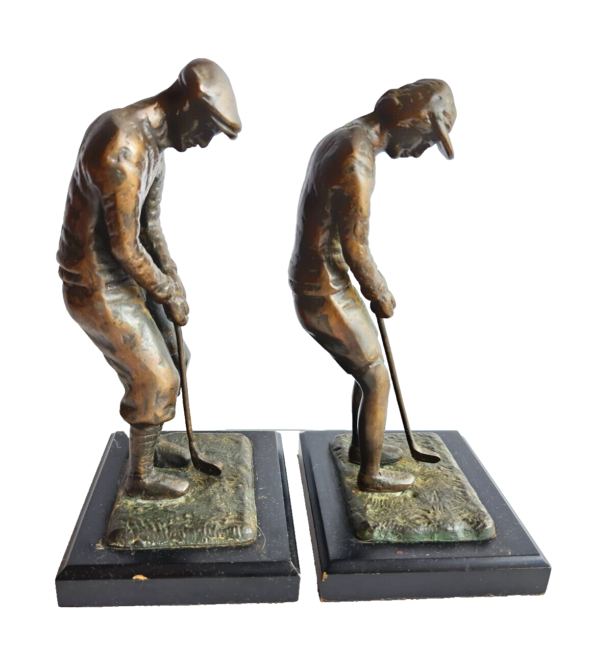 Circa 1920's Pair of Bronze Male & Female Golfer Bookends on Plinth image 5