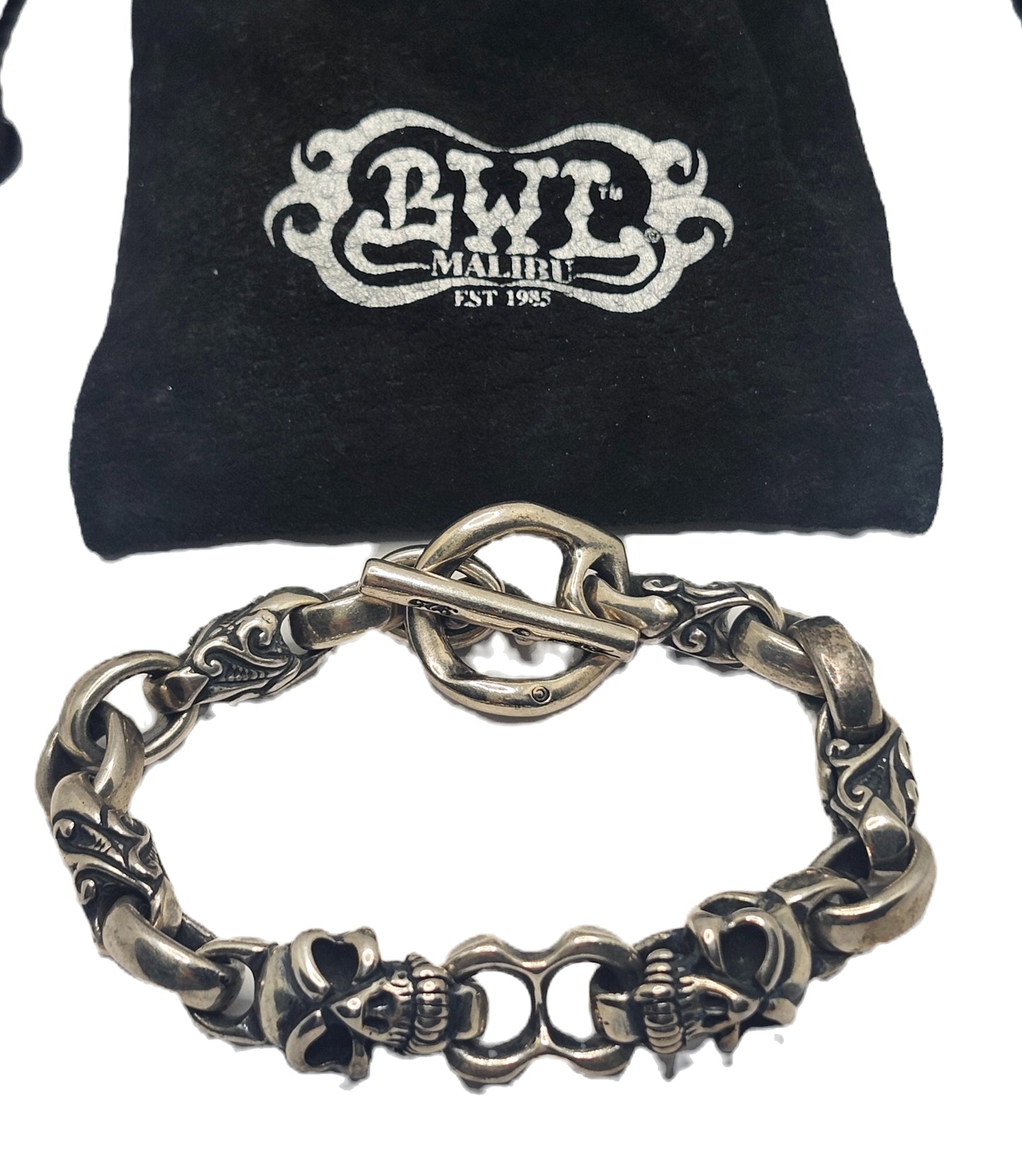 BWL Bill Wall Leather Double Good Luck Skull Sterling Silver Toggle Bracelet image 0