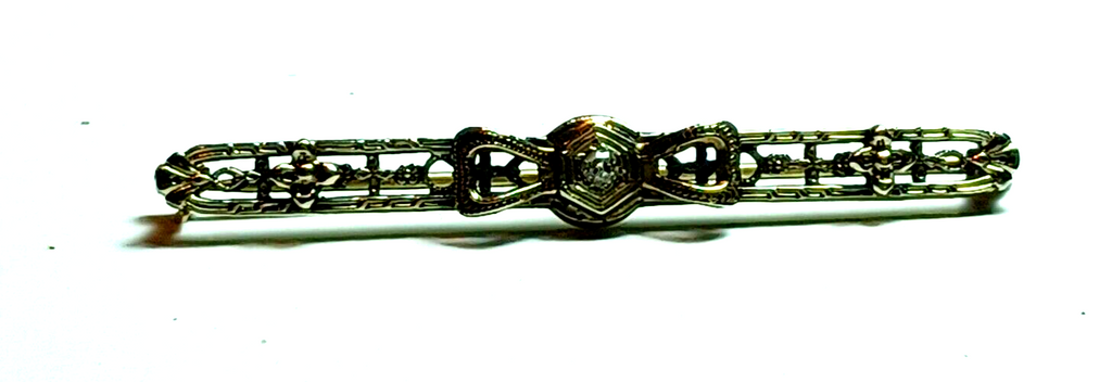 Antique Diamond Bow  & Floral 14K White Gold Bar Pin image 8