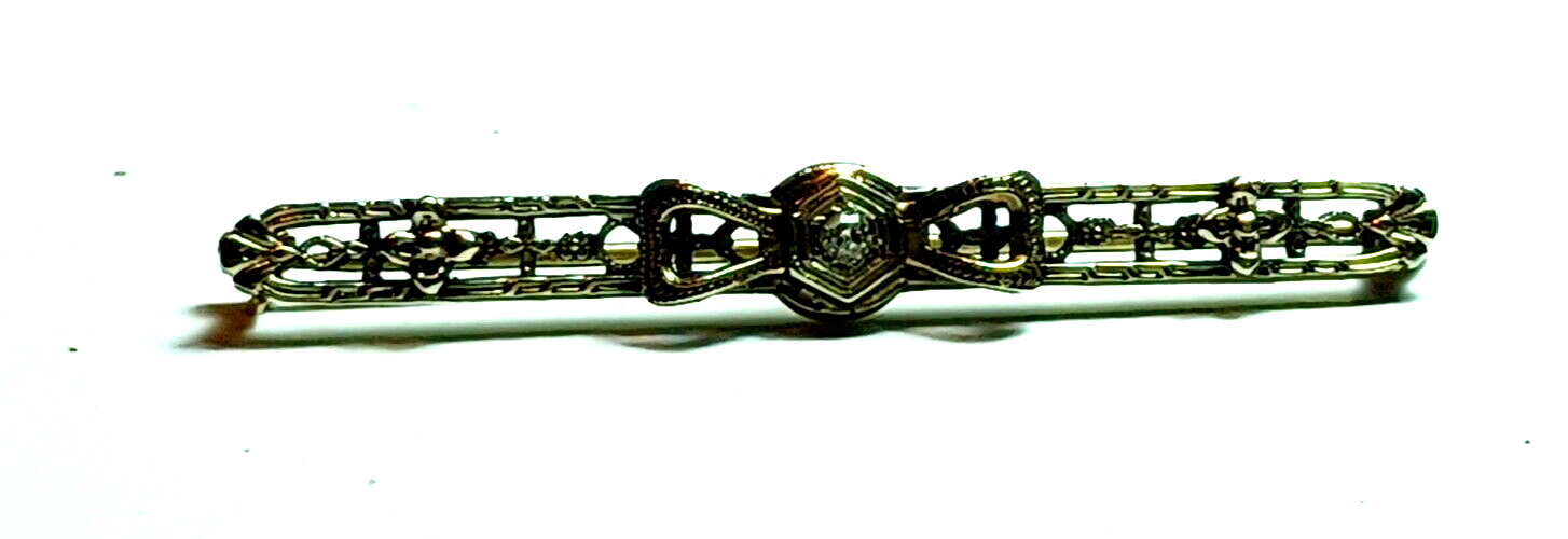Antique Diamond Bow  & Floral 14K White Gold Bar Pin image 8