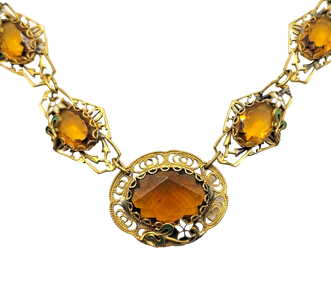 Antique Art Nouveau Enamel Czech Citrine Glass Filigree Gold Filled Necklace image 6