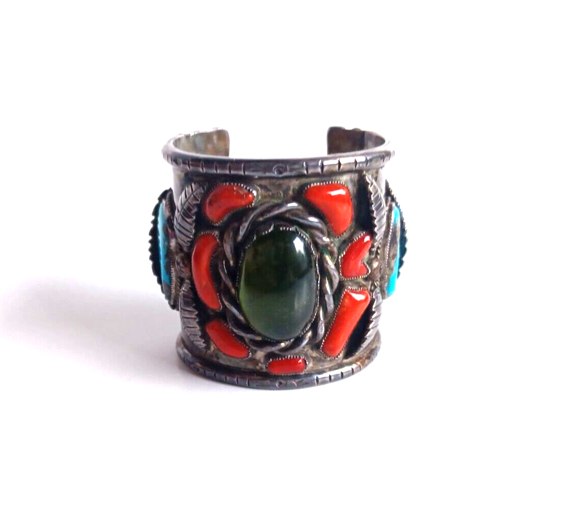 Lg Native American Green Amber Turq & Coral Sterling Cuff Bracelet Wilford Chee image 0