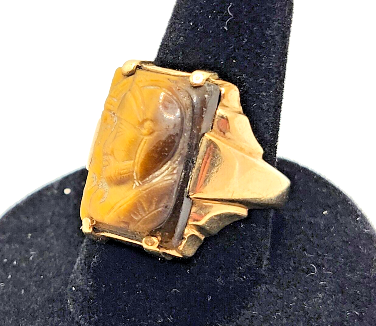 Men's Antique Carved Tigers Eye Intaglio 10K Yellow Gold Ring image 3