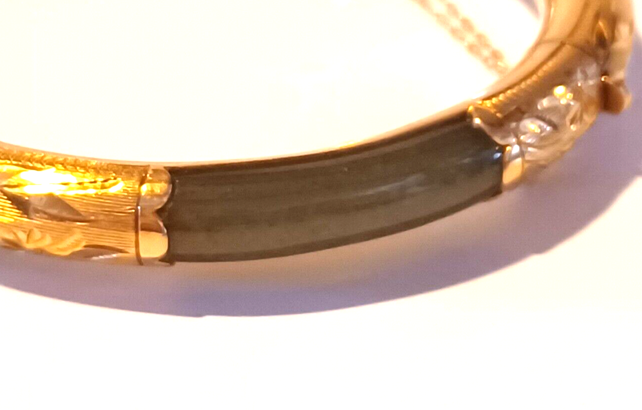 Antique 14K Yellow Gold Red, Green, White & Black Jade Bangle Bracelet image 5