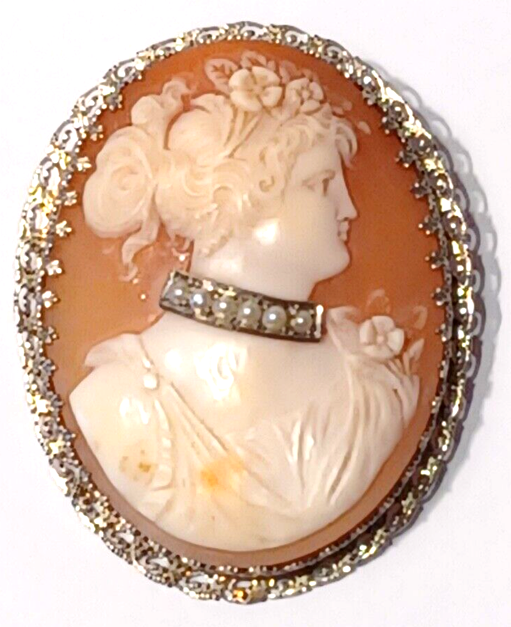 Gorgeous Victorian Shell Cameo & 14K White Gold Brooch ~ Cameo w/ Pearl Choker image 1