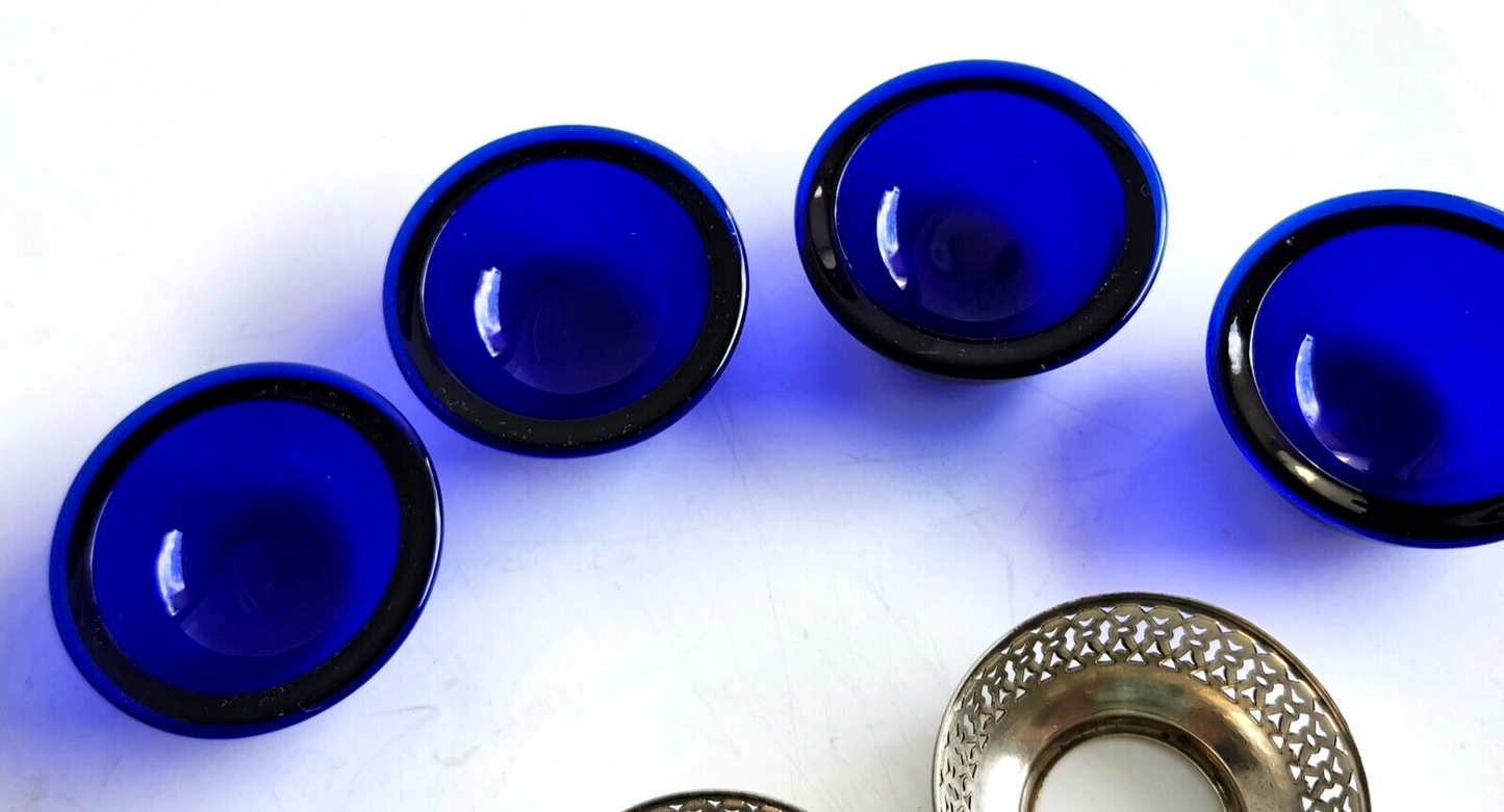 4 Antique Webster Sterling Silver & Cobalt Blue Open Salt Cellars w/ Spoons image 8