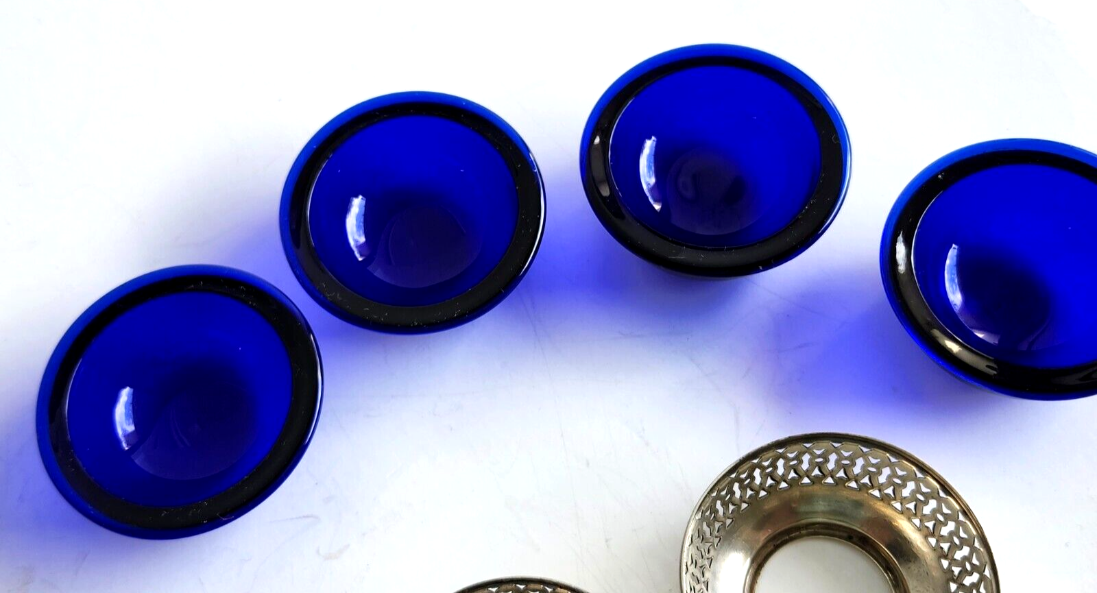 4 Antique Webster Sterling Silver & Cobalt Blue Open Salt Cellars w/ Spoons image 8