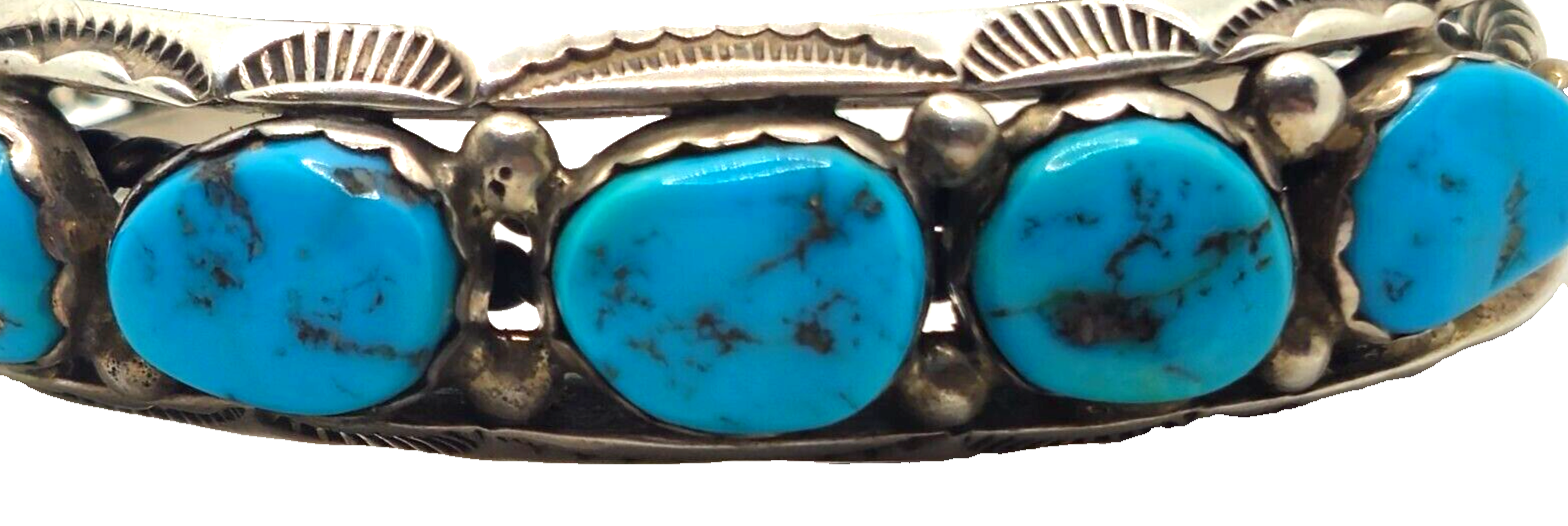 Native American Navajo 5 Turquoise & Sterling Silver Cuff Bracelet Signed image 4