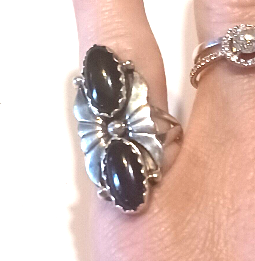 Native American Black Onyx & Sterling Silver Ring Signed INO image 6