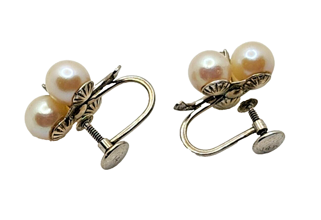 14K Triple White Cultured Pearl Three Leaf Clover & Diamond Screw Back Earrings image 4