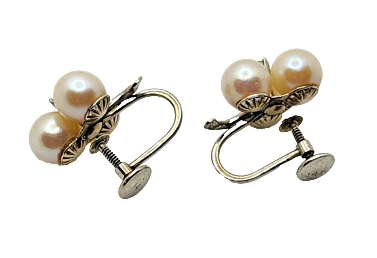 14K Triple White Cultured Pearl Three Leaf Clover & Diamond Screw Back Earrings image 4