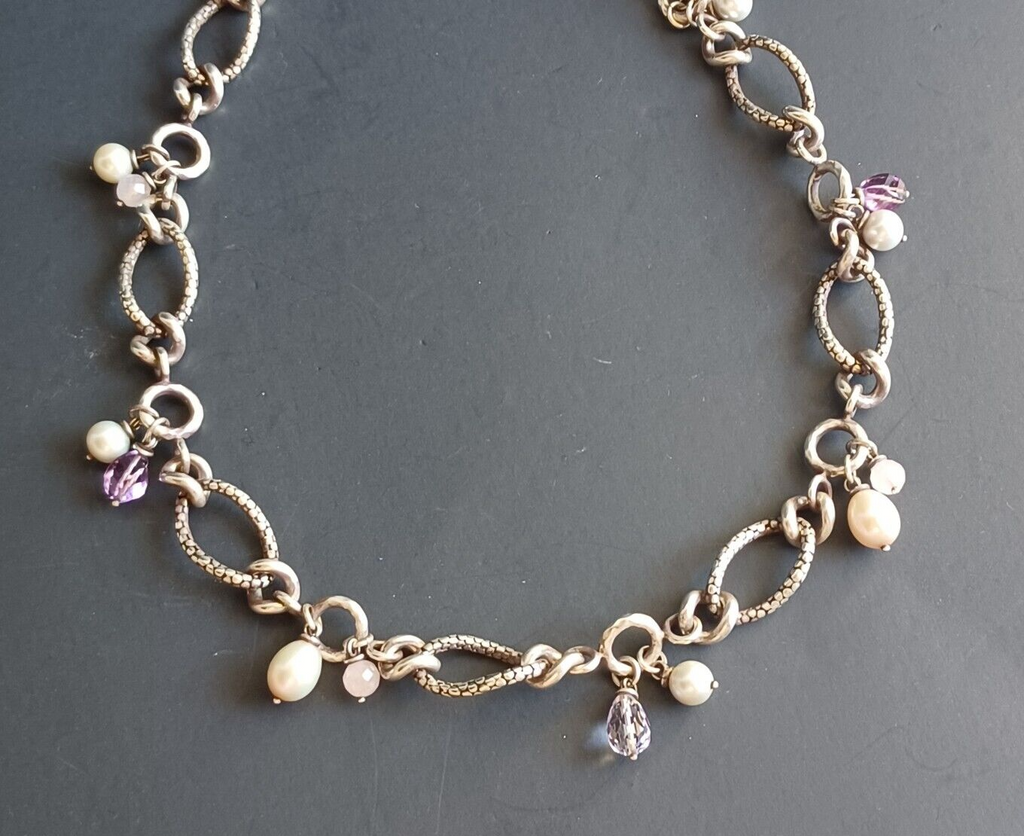 Michael Dawkins Sterling Silver 925 Chain Link Necklace Pearl & Gem Accents 16" image 1