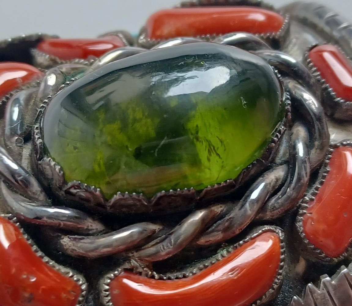 Lg Native American Green Amber Turq & Coral Sterling Cuff Bracelet Wilford Chee image 7