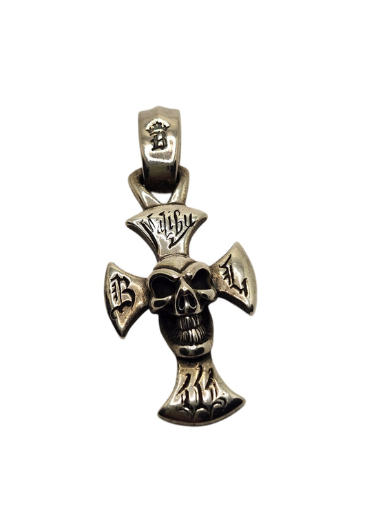 BWL Bill Wall Leather Sterling Large Malibu Cross w/ Good Luck Skull Pendant image 0