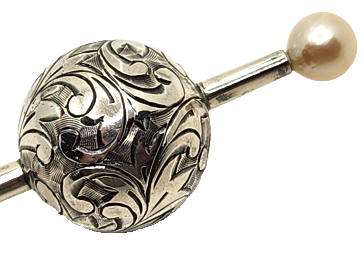 Vintage Sterling Silver & Pearl Japanese Hairpin Etched Scroll Ball image 4