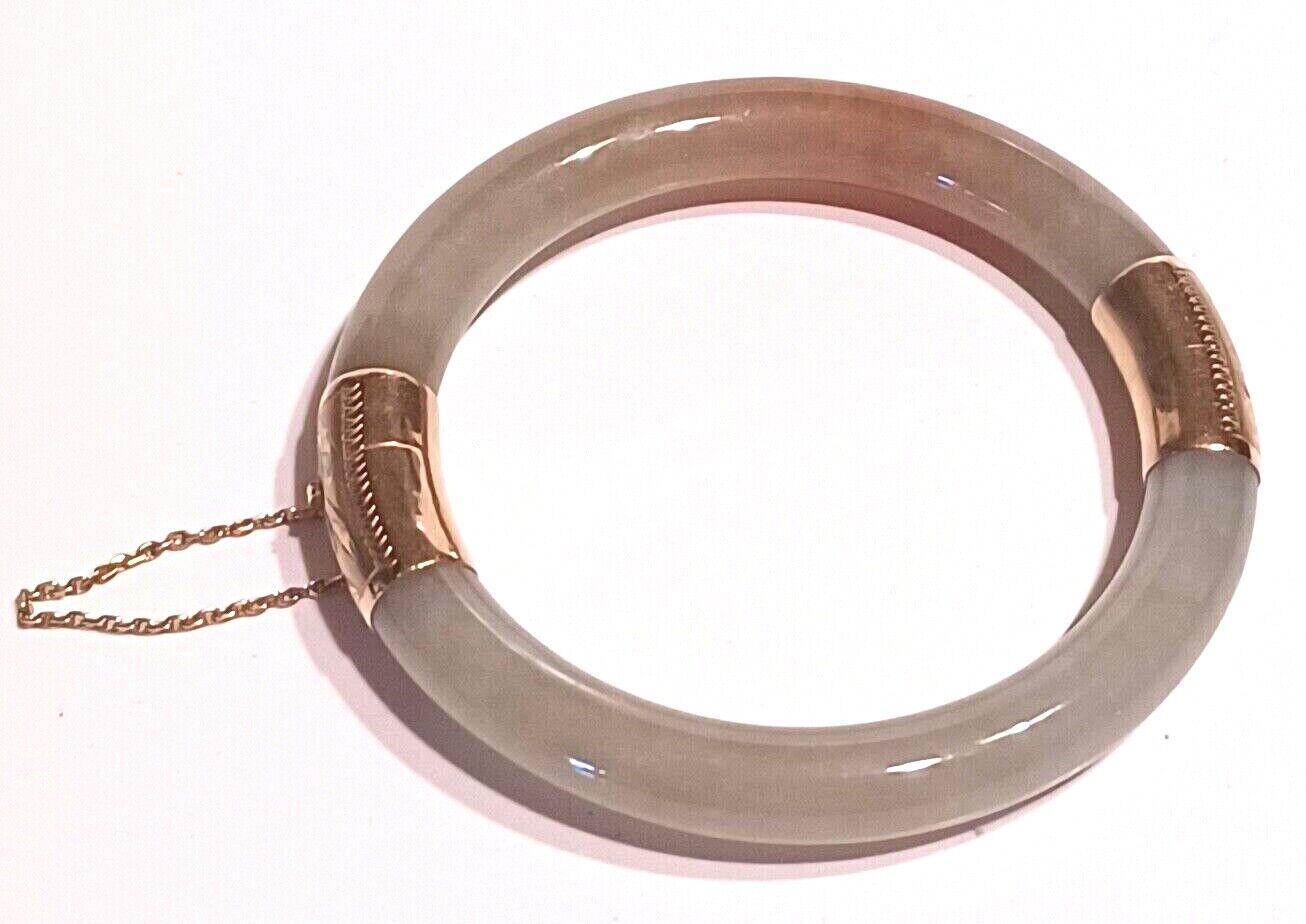 Antique 14K Gold Bi Color Green &amp; Brown Jade Hinged Bangle Bracelet image 1