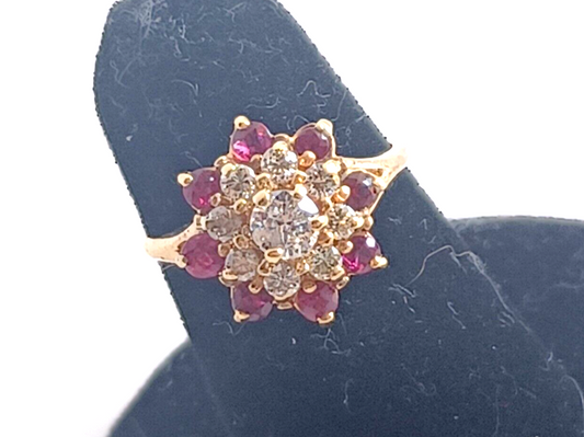Vintage .75ct Ruby & Diamond 14K Yellow Gold Cluster Ring image 0