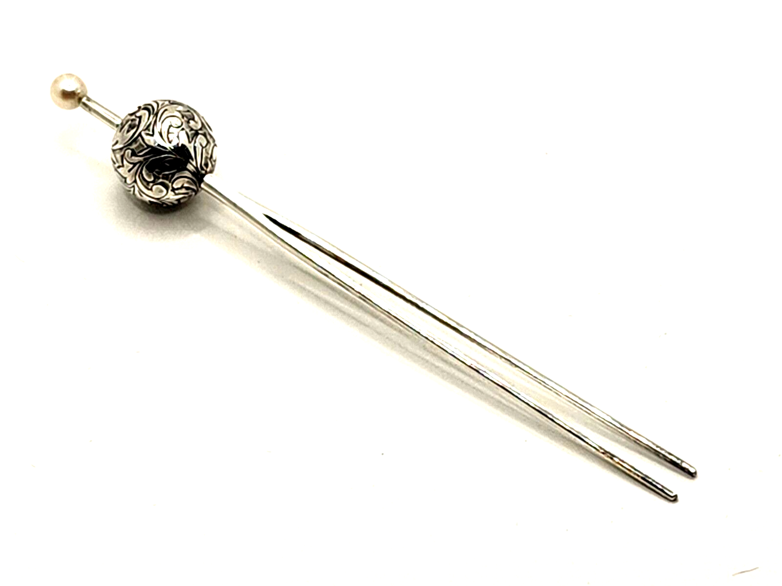 Vintage Sterling Silver & Pearl Japanese Hairpin Etched Scroll Ball image 1