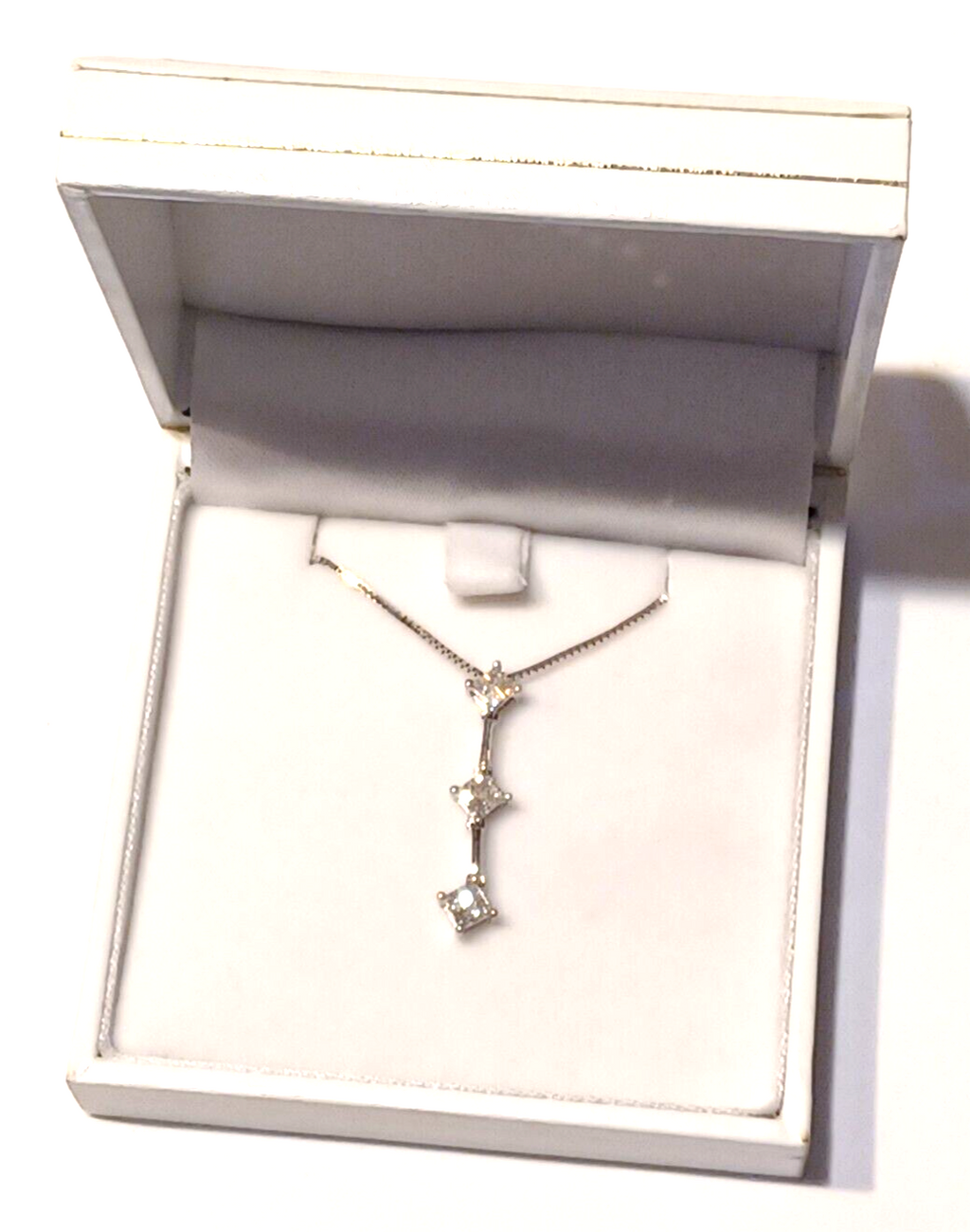 1.2CT Princess 3 Stone Diamond 14K Pendant w/ 14K White Gold Box Chain image 5