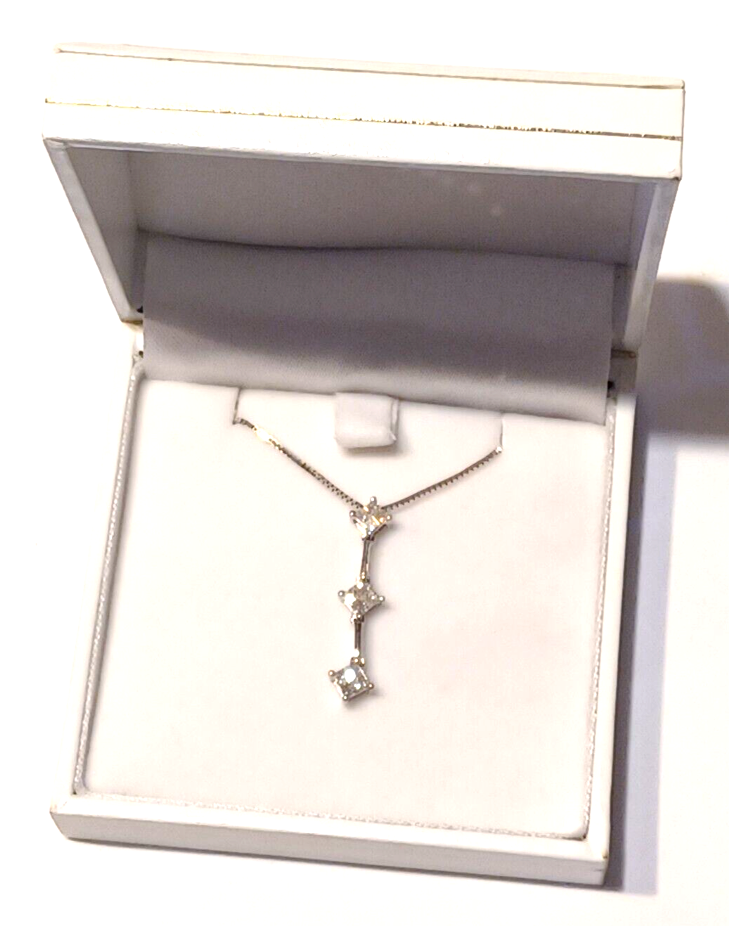 1.2CT Princess 3 Stone Diamond 14K Pendant w/ 14K White Gold Box Chain image 5