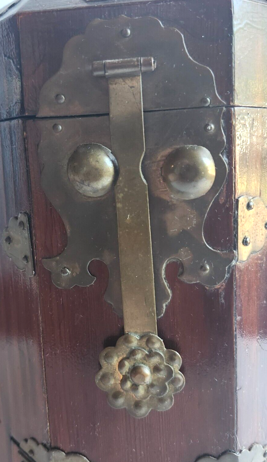 Antique Chinese Brass & Wood Hexagonal Tea Caddy image 9