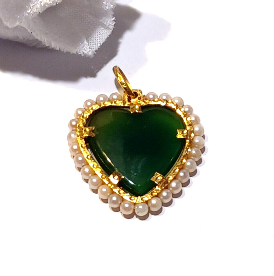Imperial Jade Jadite Heart 18K Yellow Gold & Pearl Pendant image 0