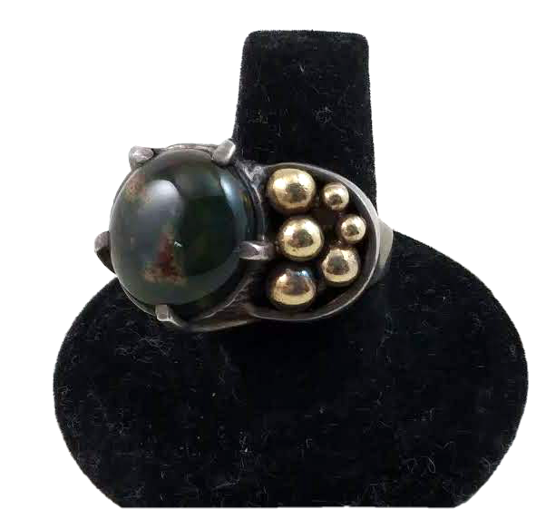 Very Unique Vintage Sterling Silver Modernist Agate & 18K Gold Ball Ring image 0