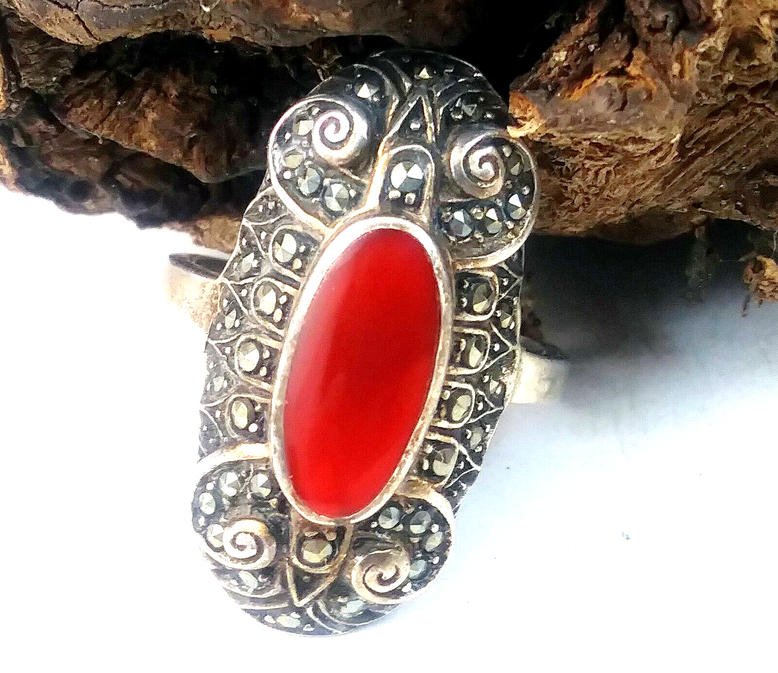 Antique Art Deco Coral Marcasite & Sterling Silver Ring Size 7 image 3