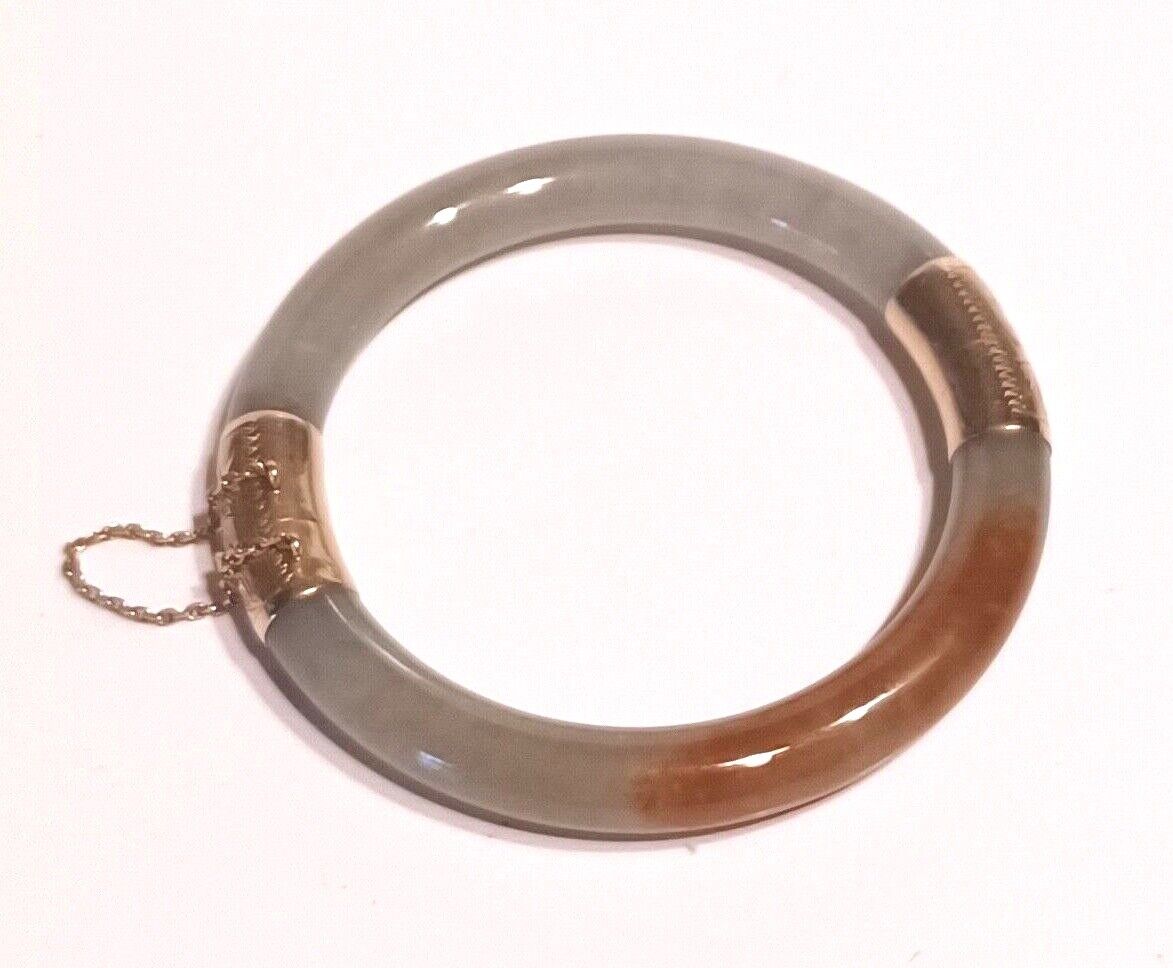 Antique 14K Gold Bi Color Green &amp; Brown Jade Hinged Bangle Bracelet image 0