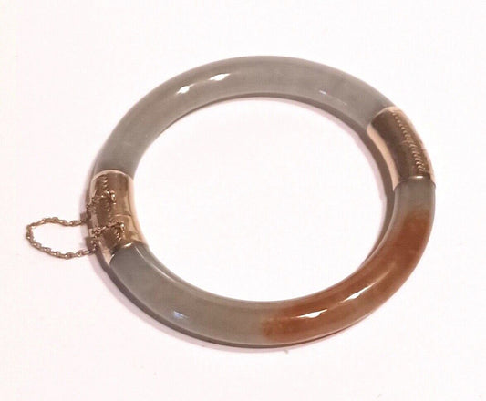 Antique 14K Gold Bi Color Green &amp; Brown Jade Hinged Bangle Bracelet image 0