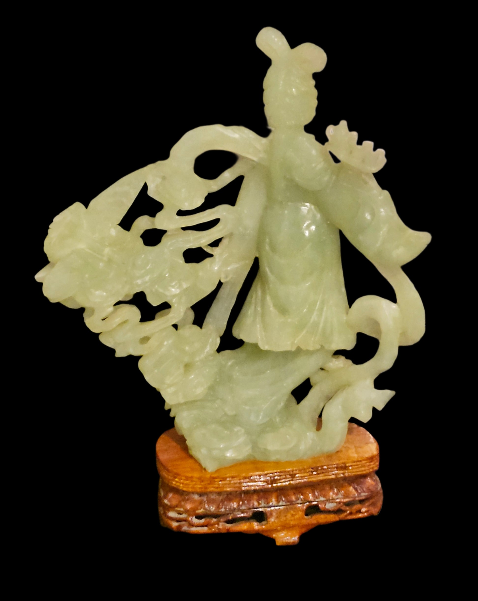Vinatge Carved Chinese Jade Kwan Yin Geisha Statue w/ Wood Base image 7