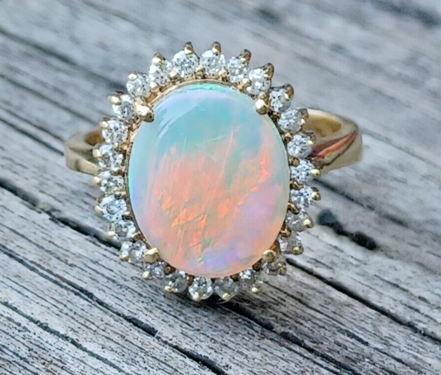 Natural Fire Opal & Diamond Halo 14K Yellow Gold Ring image 2