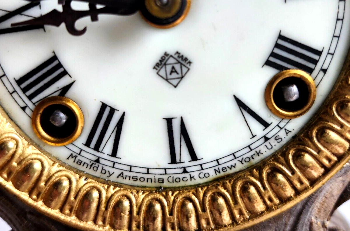 Antique Ansonia Bronze Gold Gilt Cherub Mantle Clock ~ Key Wind & Working image 6